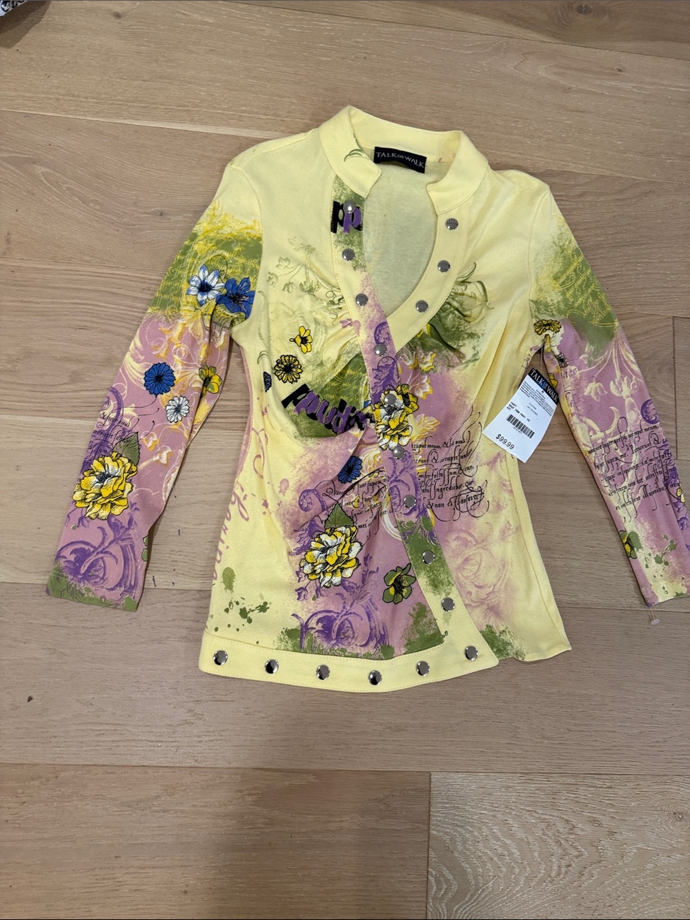 NWT Talk of the Walk Yellow Floral Snap-Front Blazer, Pink and Green Accents, M